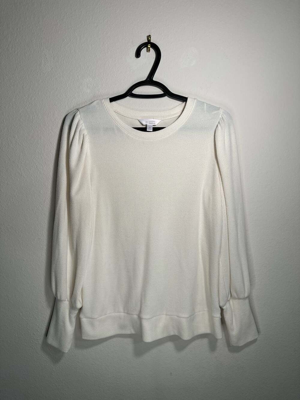 LC Lauren Conrad Ivory Puff Sleeve Waffle Knit Crewneck Top